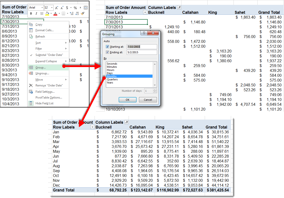 Grouping Excel PivotTable Data by Month - Step 1